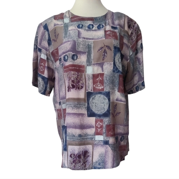 Vintage 90s CASUAL CORNER ANNEX 100% Silk Blouse L Patchwork Botanical Print Top - Picture 1 of 8